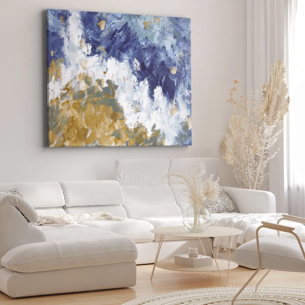 Bild auf Leinwand - Leinwandbild - Abstraktion in Blau-, Weiß- und Goldtönen - 70x50cm - Tanz der Naturelemente - Moderne Wanddekoration für Wohnzimmer und Schlafzimmer ARTTOR