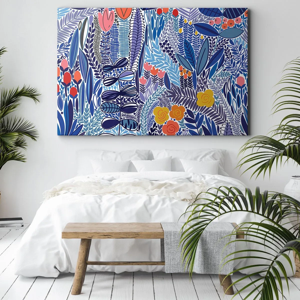 Bild auf Leinwand - Leinwandbild - Ein farbenfrohes Pflanzenmotiv im modernen Grafikstil - 100x70cm - Hawaiianischer Garten - Moderne Wanddekoration für Wohnzimmer und Schlafzimmer ARTTOR
