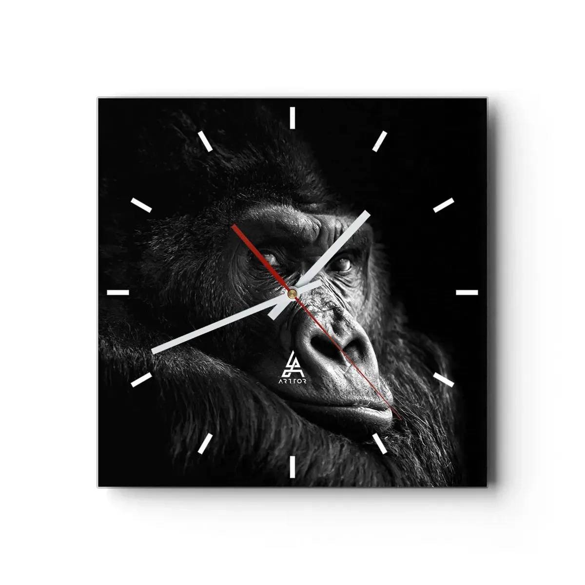 Wanduhr - Glasuhr - Schwarz-Weiß-Porträt eines majestätischen Gorillas - 30x30cm - Und was guckst du so? - Moderne Wanddekoration für Wohnzimmer und Schlafzimmer ARTTOR