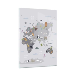 Glasbild - Bild auf glas - Illustrierte Weltkarte mit charakteristischen Tieren - 50x70cm - Sag mir wo du herkommst ... - Moderne Wanddekoration für Wohnzimmer und Schlafzimmer ARTTOR