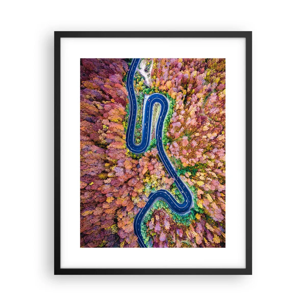 Poster in einem schwarzem Rahmen - Kurvenreicher Weg durch den Wald - 40x50 cm