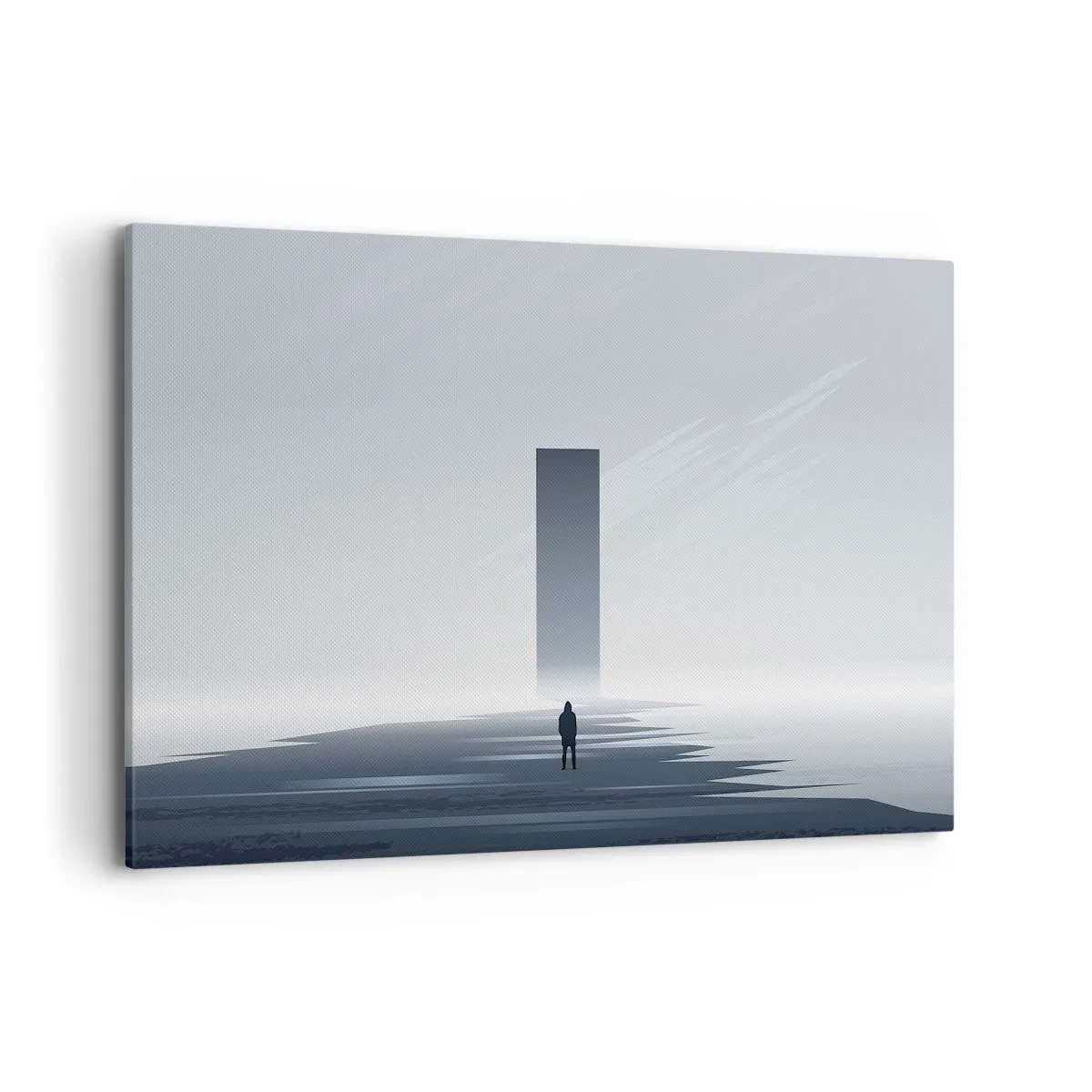 Bild auf Leinwand - Leinwandbild - Eine minimalistische Landschaft mit einer Silhouette neben einem rechteckigen Monolithen - 120x80cm - Chance oder Bedrohung? - Moderne Wanddekoration für Wohnzimmer und Schlafzimmer ARTTOR