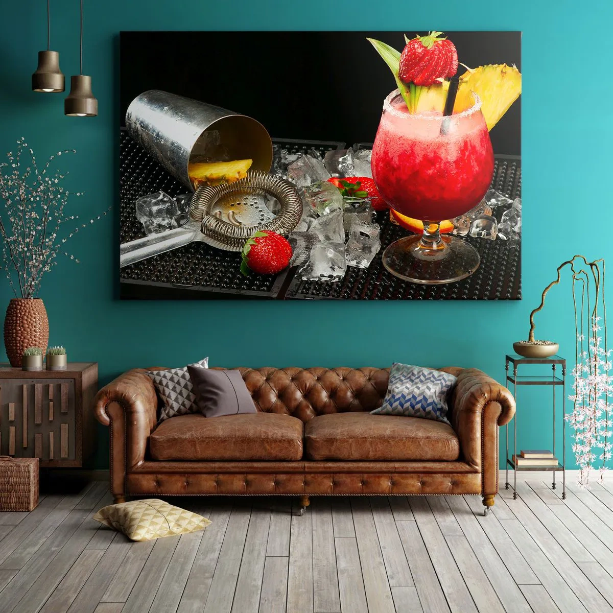 Bild auf Leinwand - Leinwandbild - Ein bunter Cocktail mit Erdbeeren, Eis und Ananas - 120x80cm - Zaubern Sie einen Geschmack - Moderne Wanddekoration für Wohnzimmer und Schlafzimmer ARTTOR