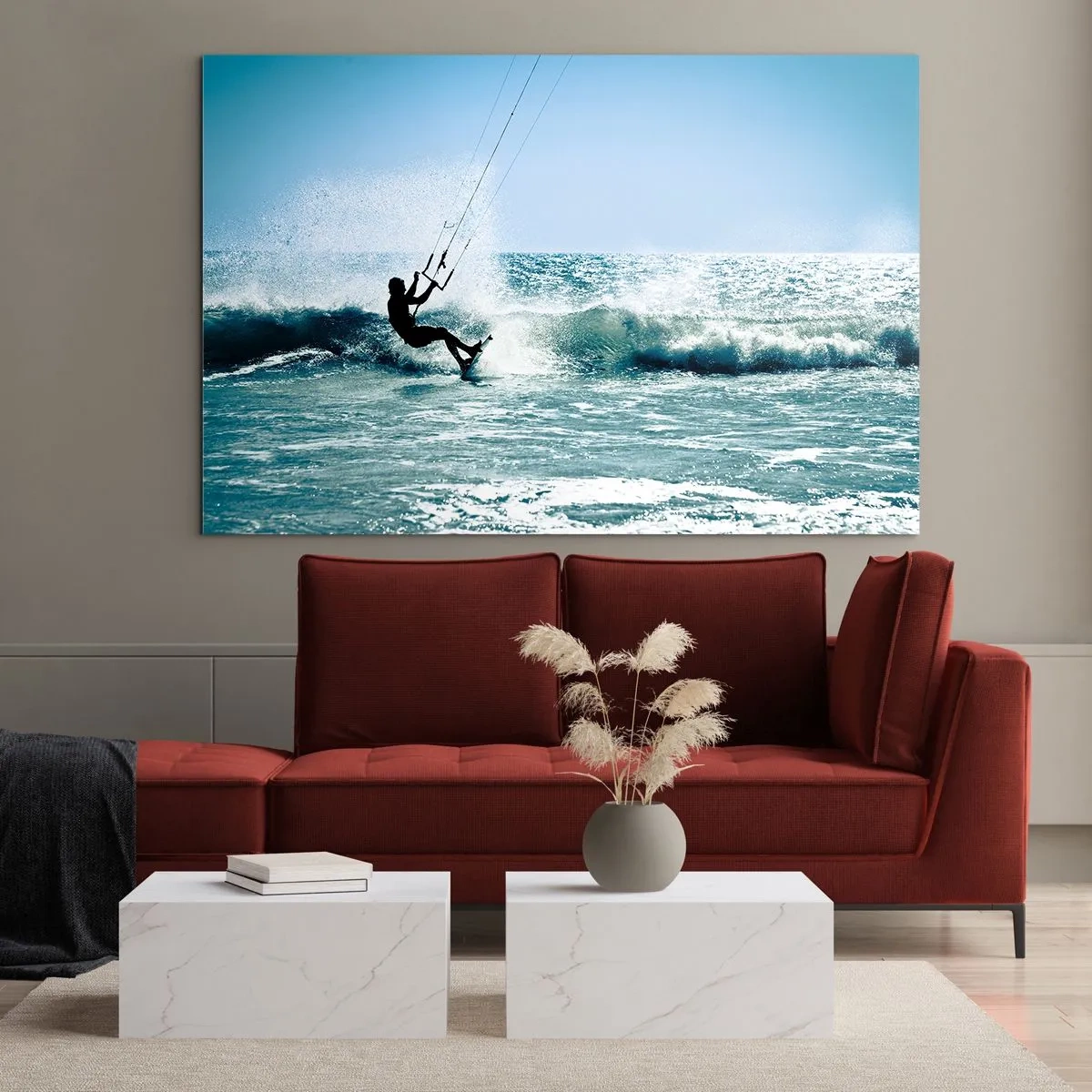 Glasbild - Bild auf glas - Kitesurfer auf den Wellen des Ozeans an einem sonnigen Tag - 70x50cm - Hinreißen lassen - Moderne Wanddekoration für Wohnzimmer und Schlafzimmer ARTTOR