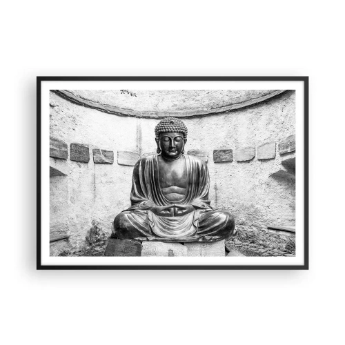 Poster in einem schwarzem Rahmen - Schwarz-weiße Buddha-Statue in meditativer Pose - 100x70cm - An der Quelle des Friedens - Moderne Wanddekoration für Wohnzimmer und Schlafzimmer ARTTOR