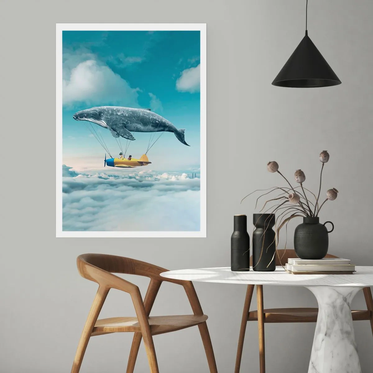 Poster - Ein fantastisches Bild eines Wals, der ein Flugzeug über die Wolken hebt. - 50x70cm - Warum nicht? - Moderne Wanddekoration für Wohnzimmer und Schlafzimmer ARTTOR