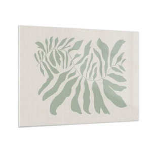 Glasbild - Bild auf glas - Ein smaragdgrüner Zweig mit organischen Formen auf hellem Hintergrund - 70x50cm - Smaragdzweig - Moderne Wanddekoration für Wohnzimmer und Schlafzimmer ARTTOR