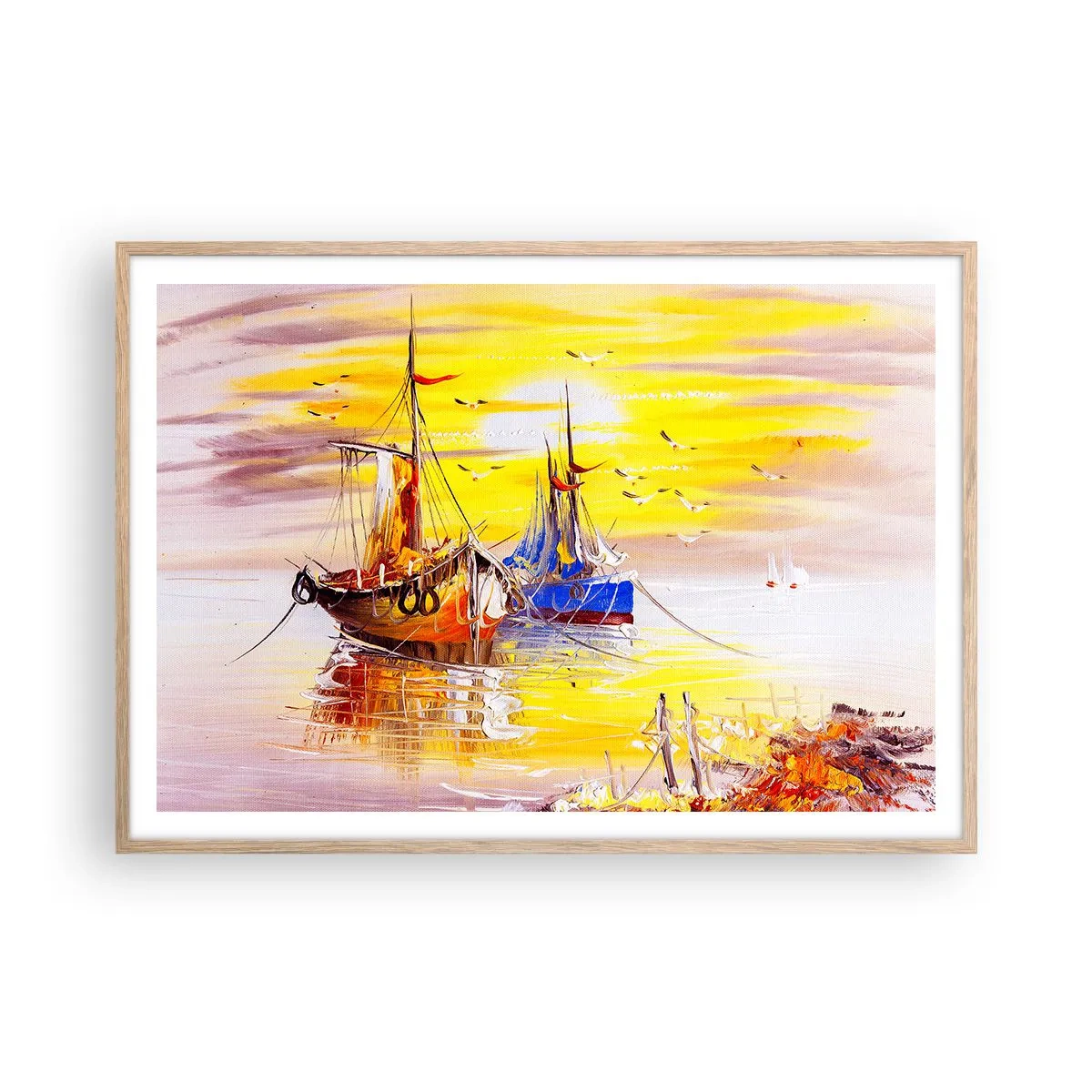 Poster in einem Rahmen aus heller Eiche - Eine wohlverdiente Pause im Hafen - 100x70 cm