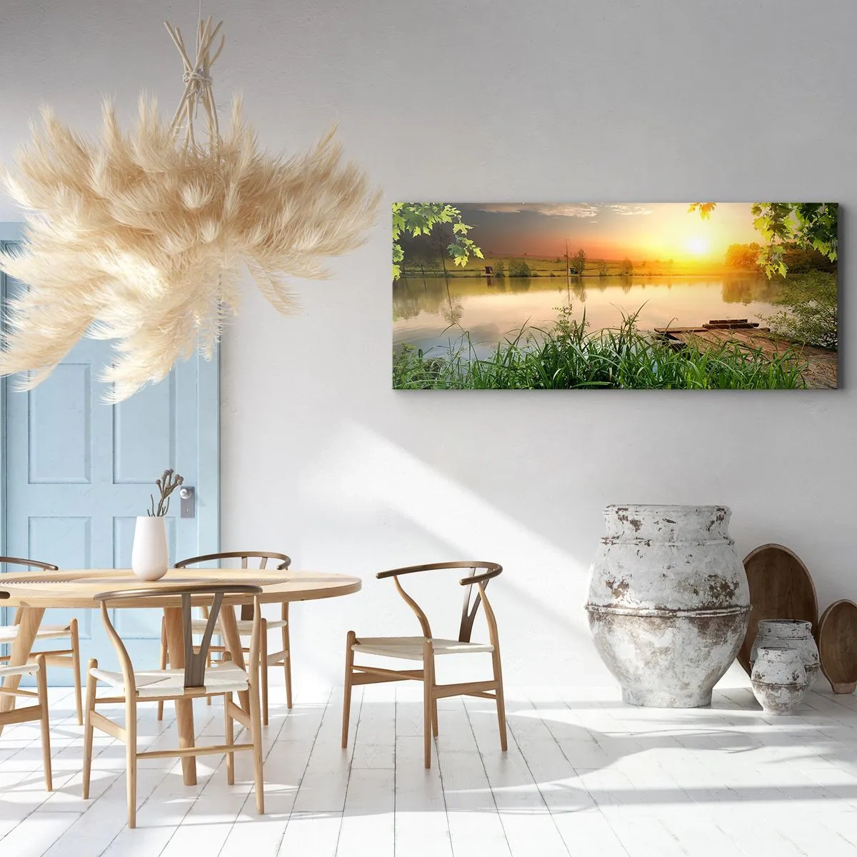 Bild auf Leinwand - Leinwandbild - Grüne Landschaft mit einem See bei Sonnenuntergang - 120x50cm - Landschaft in einem grünen Rahmen - Moderne Wanddekoration für Wohnzimmer und Schlafzimmer ARTTOR