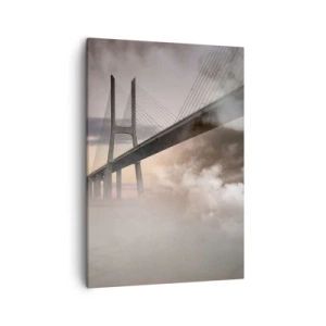 Bild auf Leinwand - Leinwandbild - Eine Brücke über einen Fluss, umgeben von Nebel am Morgen - 50x70cm - Auf dem Fluss, den es nicht gibt - Moderne Wanddekoration für Wohnzimmer und Schlafzimmer ARTTOR
