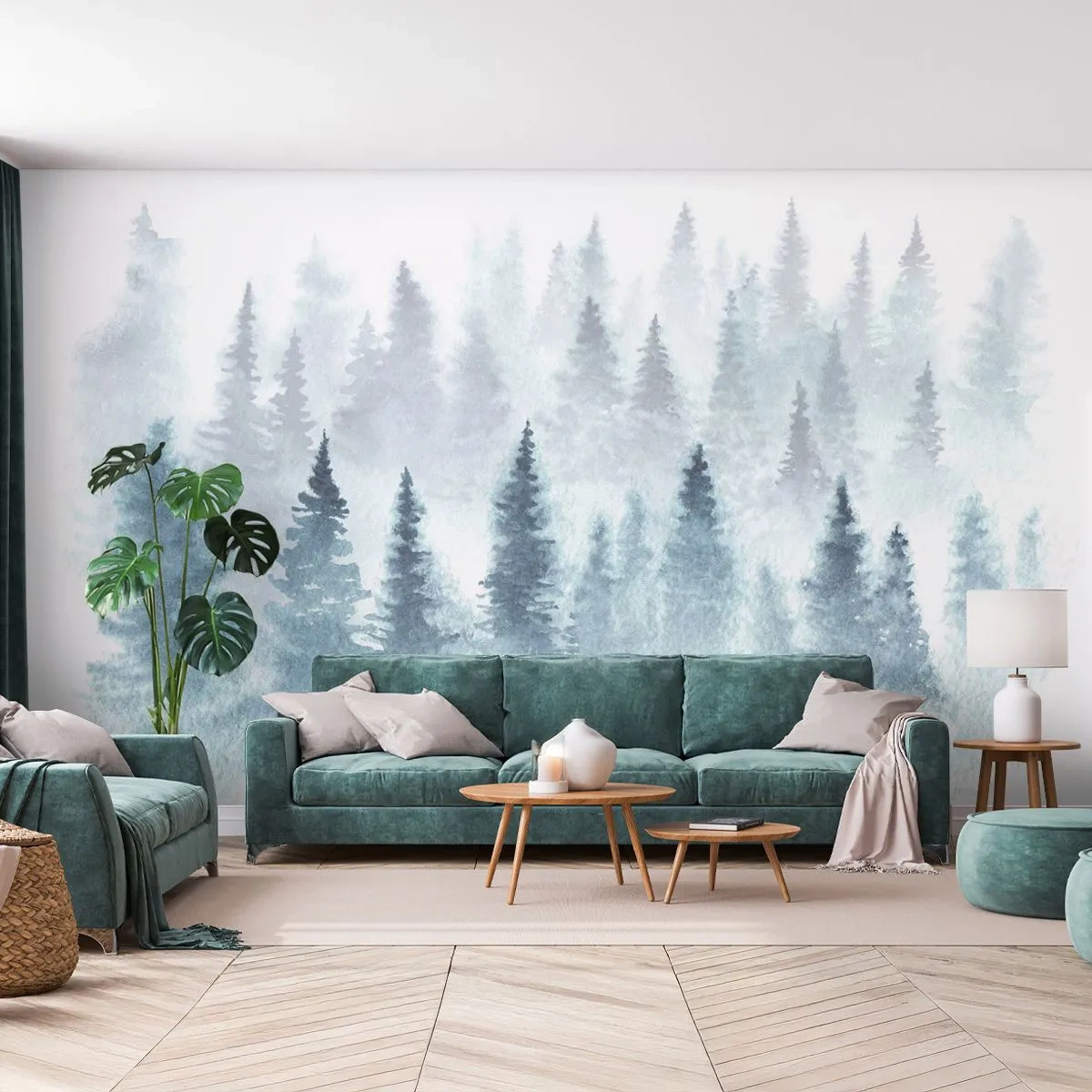 Selbstklebende Fototapete Deluxe Sticker - In Nebel gehüllt - Landschaft, Wald, Fichte - 100x70 cm