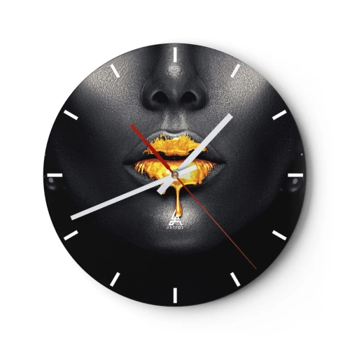 Wanduhr - Glasuhr - Goldene Lippen auf schwarzem Hintergrund im künstlerischen Stil - 30x30cm - Goldmaul - Moderne Wanddekoration für Wohnzimmer, Küche und Schlafzimmer ARTTOR