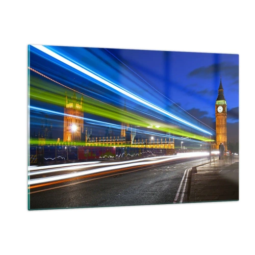 Glasbild - Bild auf glas - Big Ben bei Nacht mit verschwommenen Autolichtern - 120x80cm - Unter den wachsamen Augen von Big Ben - Moderne Wanddekoration für Wohnzimmer und Schlafzimmer ARTTOR