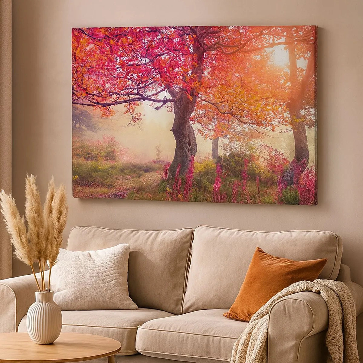 Bild auf Leinwand - Leinwandbild - Herbstlandschaft mit Bäumen in intensiven Farben - 70x50cm - Blühende Raserei - Moderne Wanddekoration für Wohnzimmer und Schlafzimmer ARTTOR