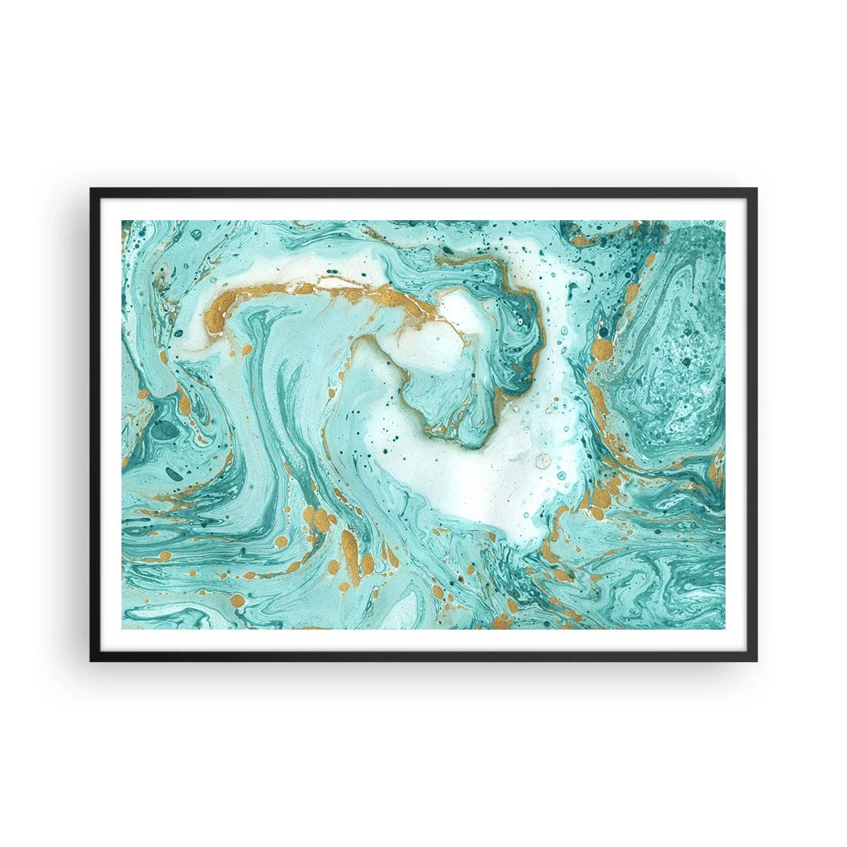 Poster in einem schwarzem Rahmen - Türkisfarbener Marmor mit goldenen Akzenten in einer abstrakten Komposition - 100x70cm - Unter der großen Welle der Edo-Ära - Moderne Wanddekoration für Wohnzimmer und Schlafzimmer ARTTOR