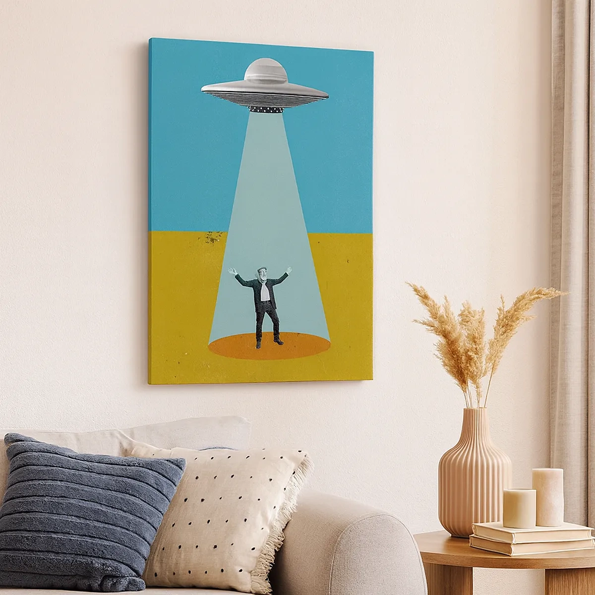 Bild auf Leinwand - Leinwandbild - Ein Mann im Licht eines UFOs vor dem Hintergrund einer farbenfrohen Landschaft - 50x70cm - Nahe Begegnung - Moderne Wanddekoration für Wohnzimmer und Schlafzimmer ARTTOR