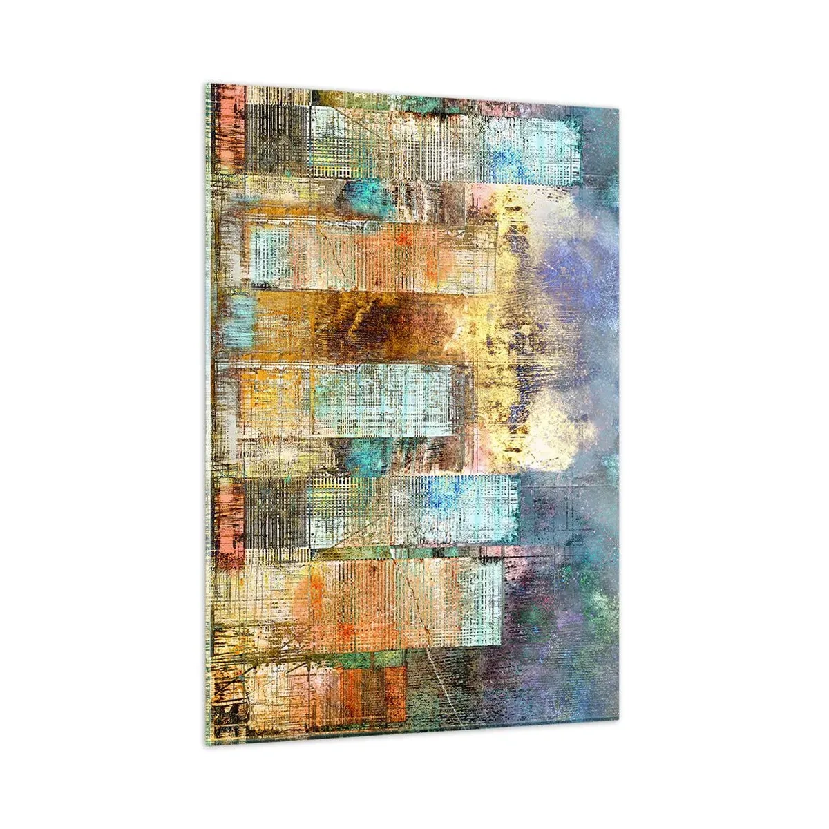 Glasbild - Bild auf glas - Farbenfrohes abstraktes Panorama der Wolkenkratzer der Stadt im künstlerischen Stil - 50x70cm - Sonnige Metropole - Moderne Wanddekoration für Wohnzimmer und Schlafzimmer ARTTOR