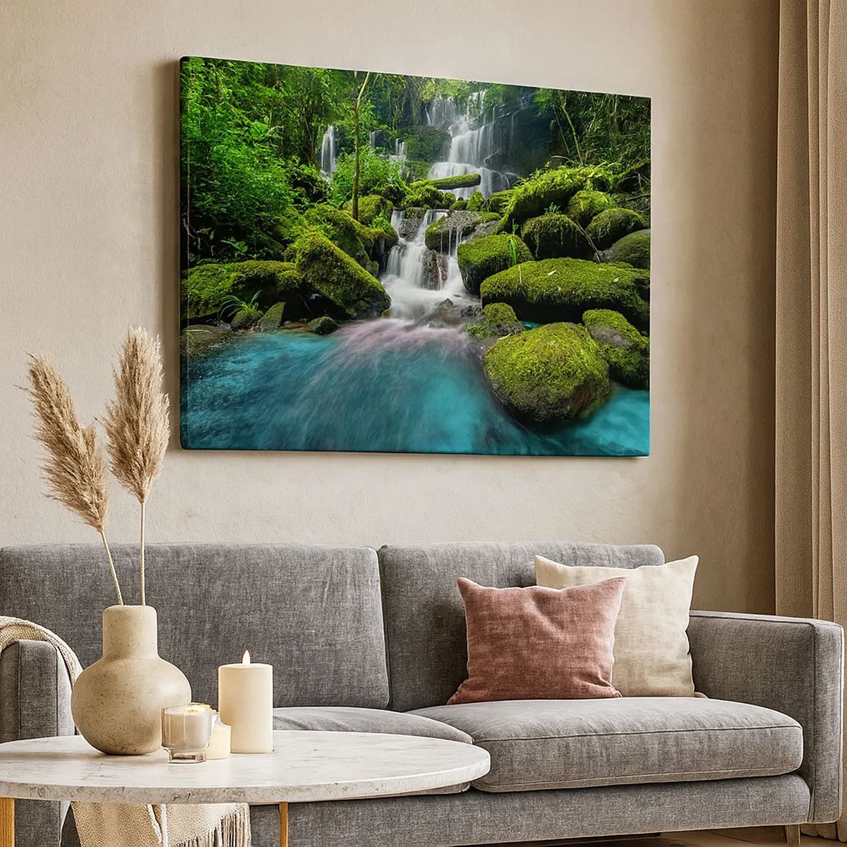 Bild auf Leinwand - Leinwandbild - Ein tropischer Wasserfall, umgeben von Grün und türkisfarbenem Wasser - 70x50cm - Türkis, Saphire und flüssiges Silber - Moderne Wanddekoration für Wohnzimmer und Schlafzimmer ARTTOR