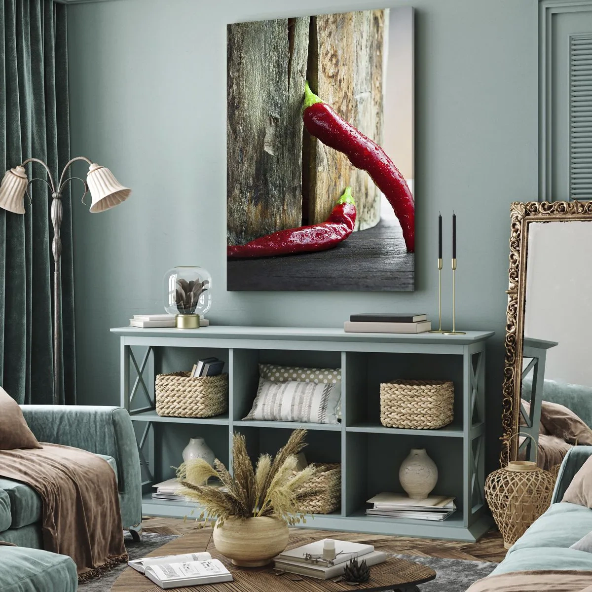 Bild auf Leinwand - Leinwandbild - Zwei rote Chilischoten auf einem hölzernen Hintergrund mit rustikalem Akzent - 70x100cm - Red hot chili peppers - Moderne Wanddekoration für Wohnzimmer und Schlafzimmer ARTTOR