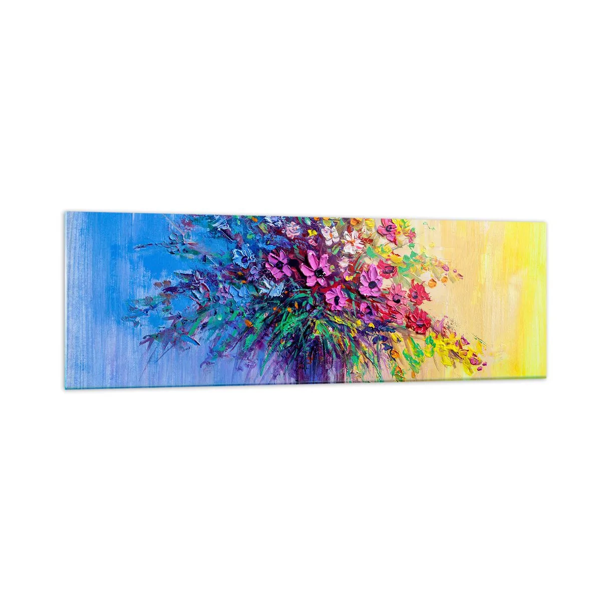 Glasbild - Bild auf glas - Ein bunter Blumenstrauß in einer Vase vor einem Hintergrund mit Farbverlauf - 160x50cm - Sommergeschenk der Wiese - Moderne Wanddekoration für Wohnzimmer und Schlafzimmer ARTTOR