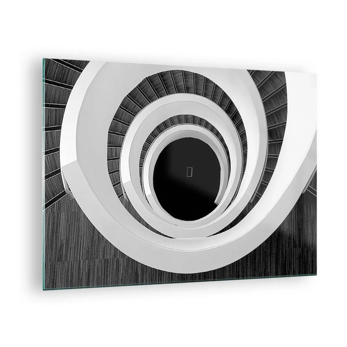 Glasbild - Bild auf glas - Schwarz-weiße Wendeltreppe von oben - 70x50cm - Zum Kern der Sache - Moderne Wanddekoration für Wohnzimmer und Schlafzimmer ARTTOR