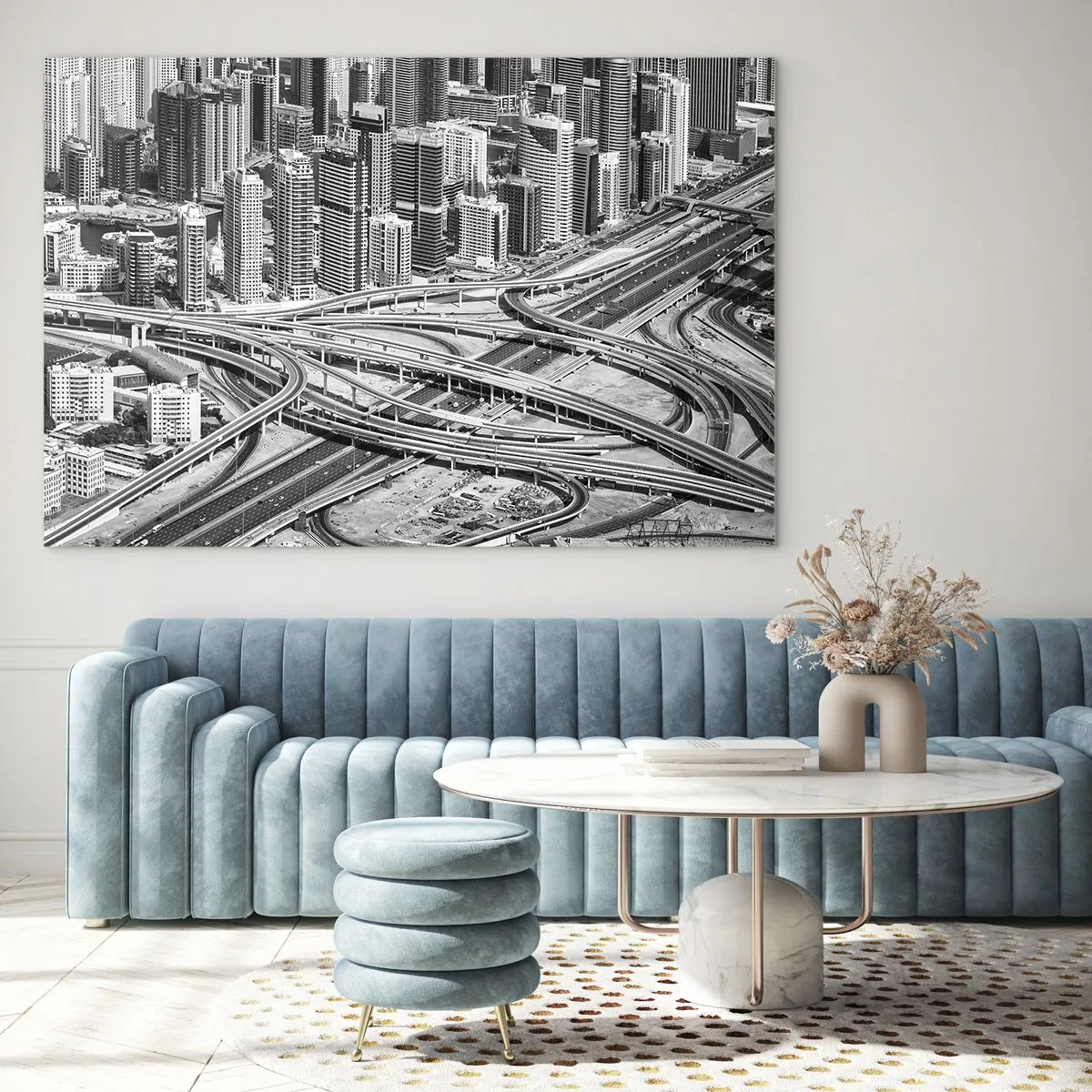 Glasbild - Bild auf glas - Schwarz-Weiß-Panorama der Stadt mit Autobahnkreuz - 100x70cm - Dubai - die unmögliche Stadt - Moderne Wanddekoration für Wohnzimmer und Schlafzimmer ARTTOR