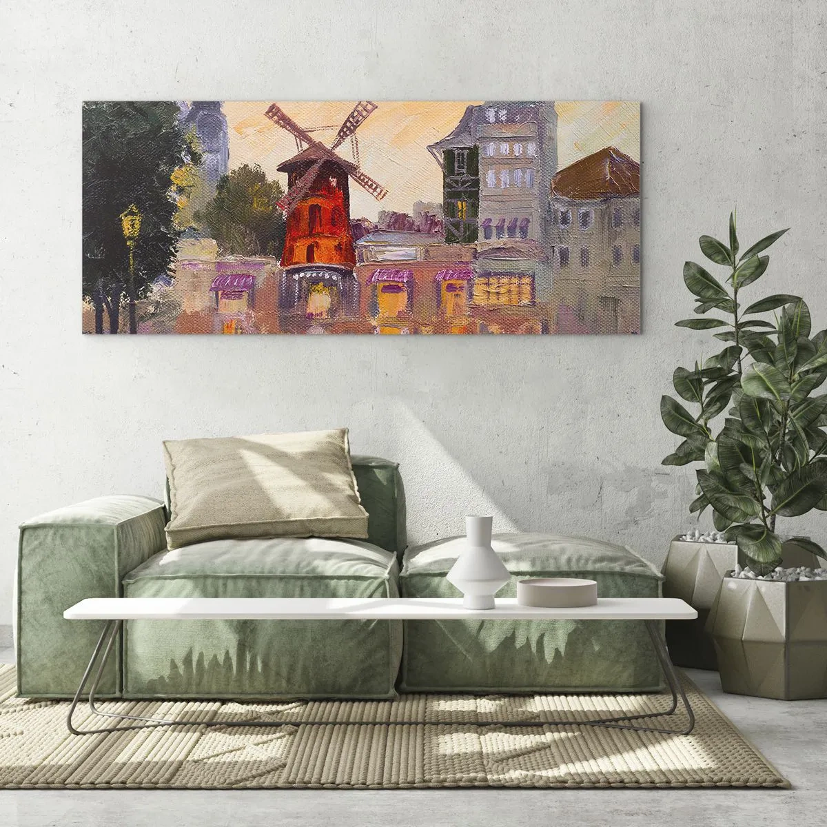 Glasbild - Bild auf glas - Die rote Windmühle des Moulin Rouge, umgeben von der Stadtlandschaft - 140x50cm - Pariser Ikonen – Moulin Rouge - Moderne Wanddekoration für Wohnzimmer und Schlafzimmer ARTTOR