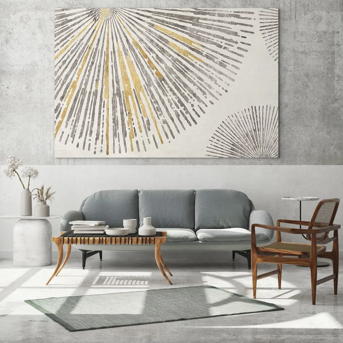 Glasbild - Bild auf glas - Radiale Linien in Gold- und Grautönen auf hellem Hintergrund - 70x50cm - Schönheit des Strahls - Moderne Wanddekoration für Wohnzimmer und Schlafzimmer ARTTOR