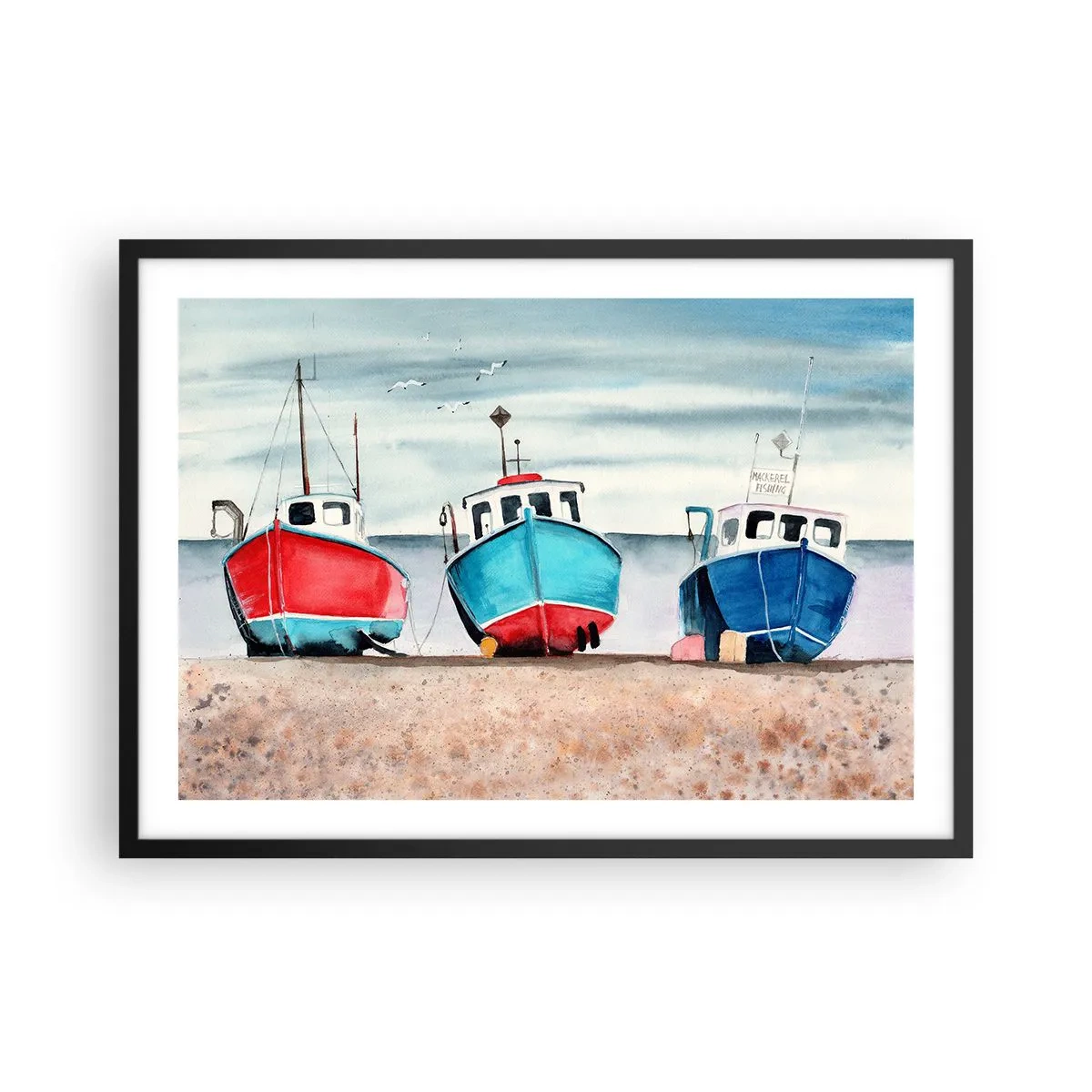 Poster in einem schwarzem Rahmen - Bunte Fischerboote am Ufer in einer Meereslandschaft - 70x50cm - Bereit zum Fang - Moderne Wanddekoration für Wohnzimmer und Schlafzimmer ARTTOR