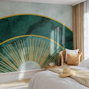 Fototapete Premium Sand - Goldene Strahlen vor einem Hintergrund aus grünem Marmor und Grau - 100x70cm - Anderes Sonnensystem - Moderne Wanddekoration für Wohnzimmer und Schlafzimmer ARTTOR