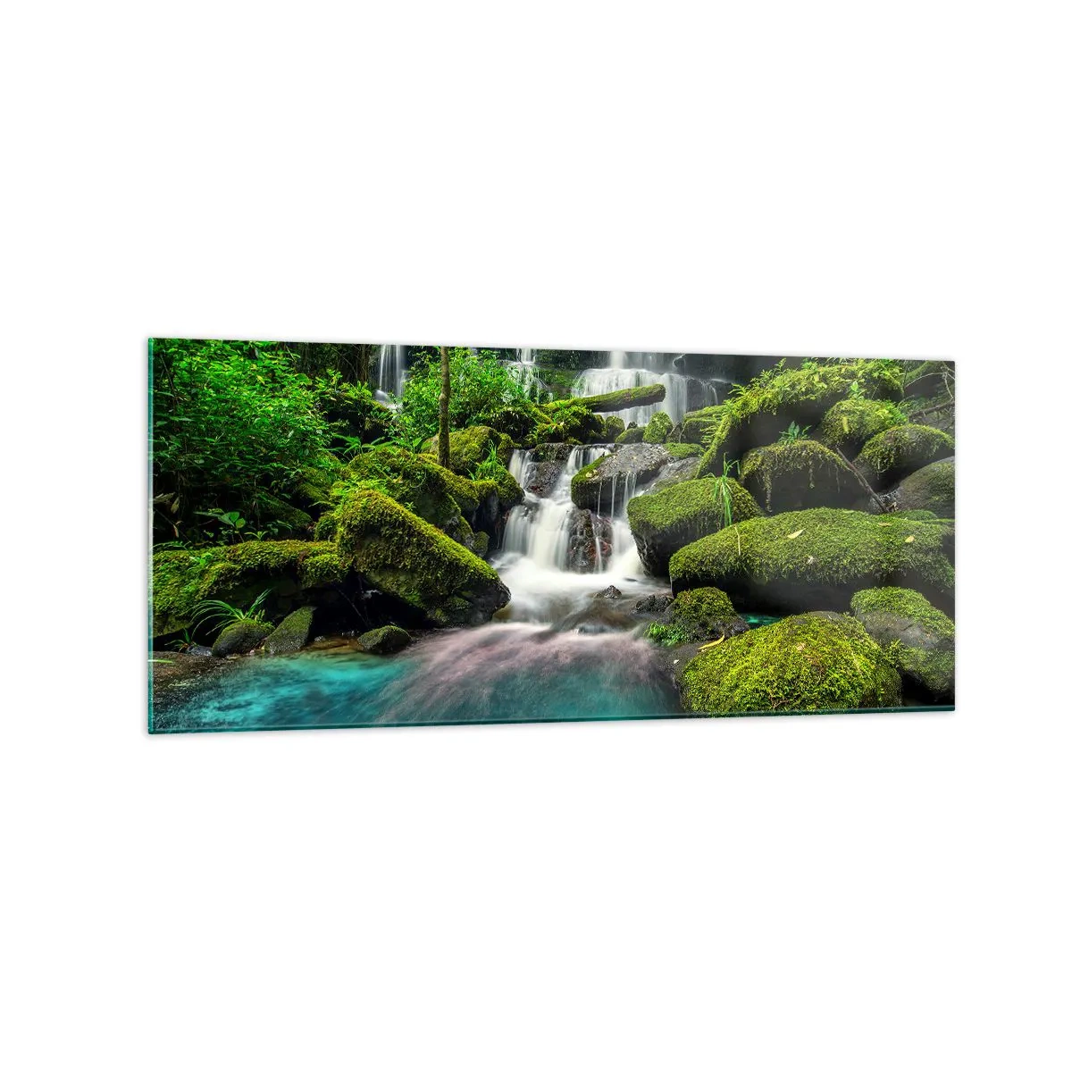 Glasbild - Bild auf glas - Ein tropischer Wasserfall, umgeben von Grün und türkisfarbenem Wasser - 120x50cm - Türkis, Saphire und flüssiges Silber - Moderne Wanddekoration für Wohnzimmer und Schlafzimmer ARTTOR
