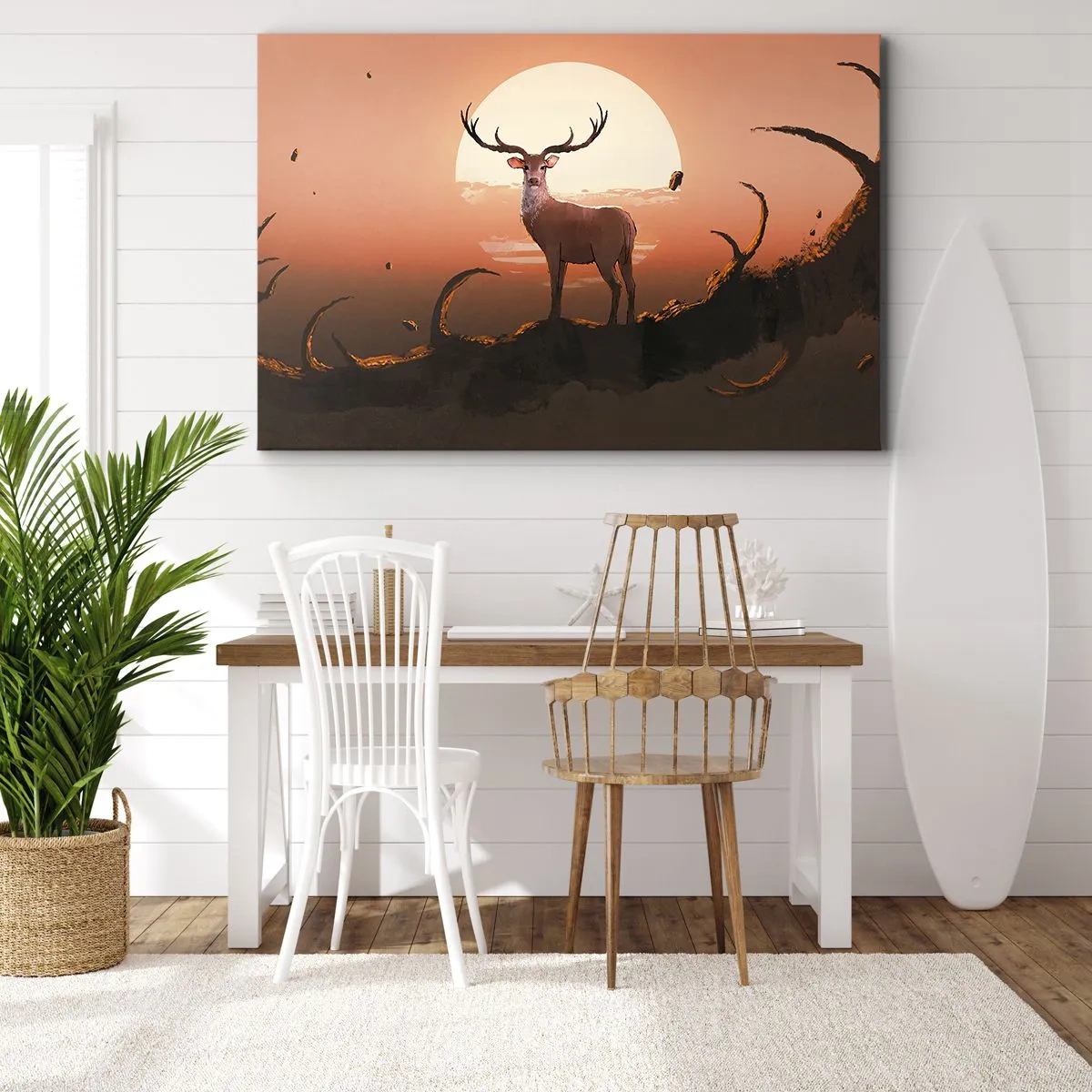 Bild auf Leinwand - Leinwandbild - Ein Hirsch vor dem Hintergrund der untergehenden Sonne und einer surrealen Landschaft - 120x80cm - Diese Nacht ist anders als jede andere - Moderne Wanddekoration für Wohnzimmer und Schlafzimmer ARTTOR