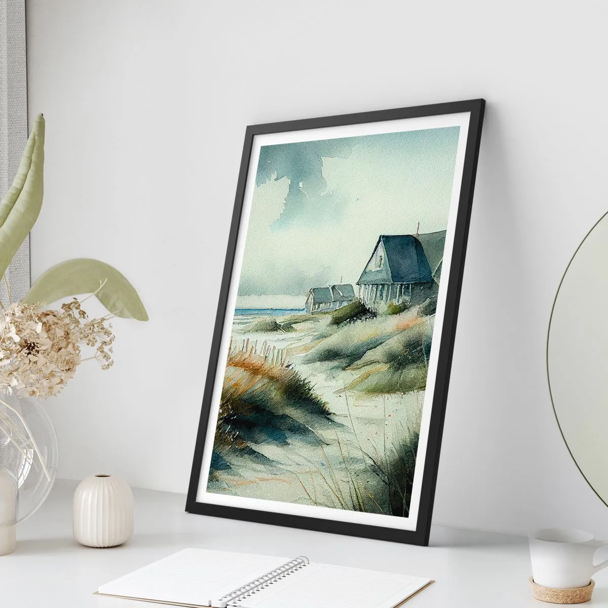 Poster in einem schwarzem Rahmen - Aquarell-Strandhaus mit Meerblick - 50x70cm - Abseits vom Trubel - Moderne Wanddekoration für Wohnzimmer und Schlafzimmer ARTTOR