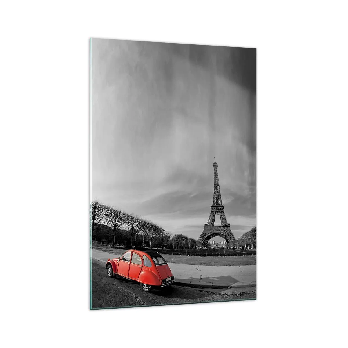 Glasbild - Bild auf glas - Ein rotes Auto mit dem Eiffelturm im Hintergrund in einer schwarz-weißen Landschaft - 70x100cm - Pariser als Paris selbst - Moderne Wanddekoration für Wohnzimmer und Schlafzimmer ARTTOR