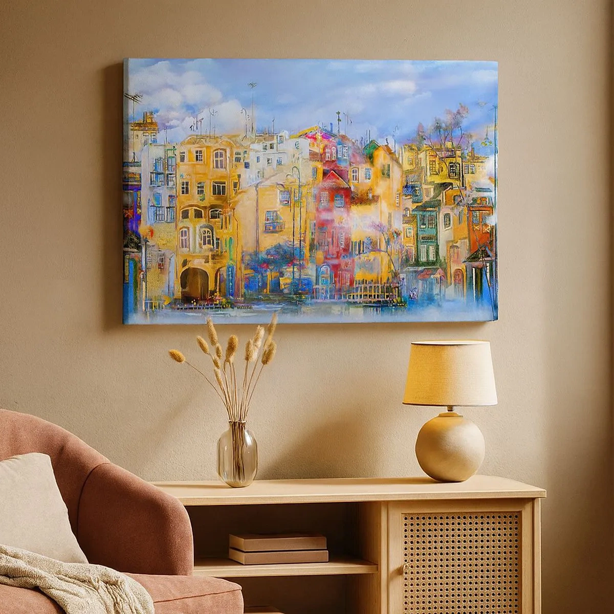 Bild auf Leinwand - Leinwandbild - Farbenfrohe Stadtgebäude im künstlerischen Stil - 70x50cm - Wir sind zusammen - Moderne Wanddekoration für Wohnzimmer und Schlafzimmer ARTTOR