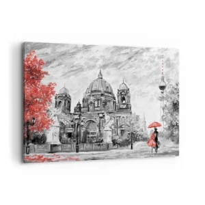 Bild auf Leinwand - Leinwandbild - Schwarz-Weiß-Szene mit Berlin, einem roten Regenschirm und einem Baum - 100x70cm - Berliner Treffen - Moderne Wanddekoration für Wohnzimmer und Schlafzimmer ARTTOR