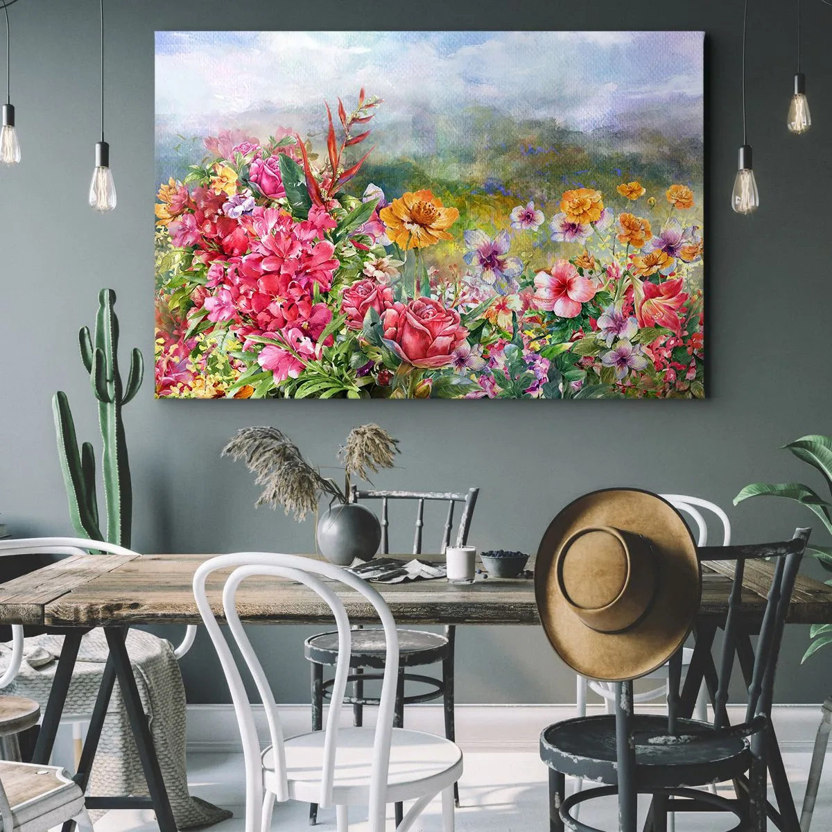 Bild auf Leinwand - Leinwandbild - Eine farbenfrohe Blumenkomposition vor einem pastellfarbenen Landschaftshintergrund - 120x80cm - Ein Garten, der verrückt geworden ist - Moderne Wanddekoration für Wohnzimmer und Schlafzimmer ARTTOR