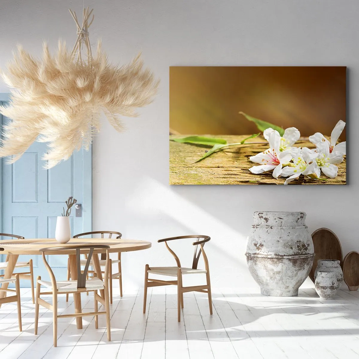 Bild auf Leinwand - Leinwandbild - Weiße Blumen auf einem hölzernen Hintergrund in natürlichem Licht - 100x70cm - Ein unschuldiges Versprechen - Moderne Wanddekoration für Wohnzimmer und Schlafzimmer ARTTOR