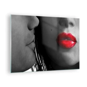 Glasbild - Bild auf glas - Sinnliche Lippen in einer kontrastreichen Aufnahme - 70x50cm - Gesicht am Gesicht - Moderne Wanddekoration für Wohnzimmer und Schlafzimmer ARTTOR