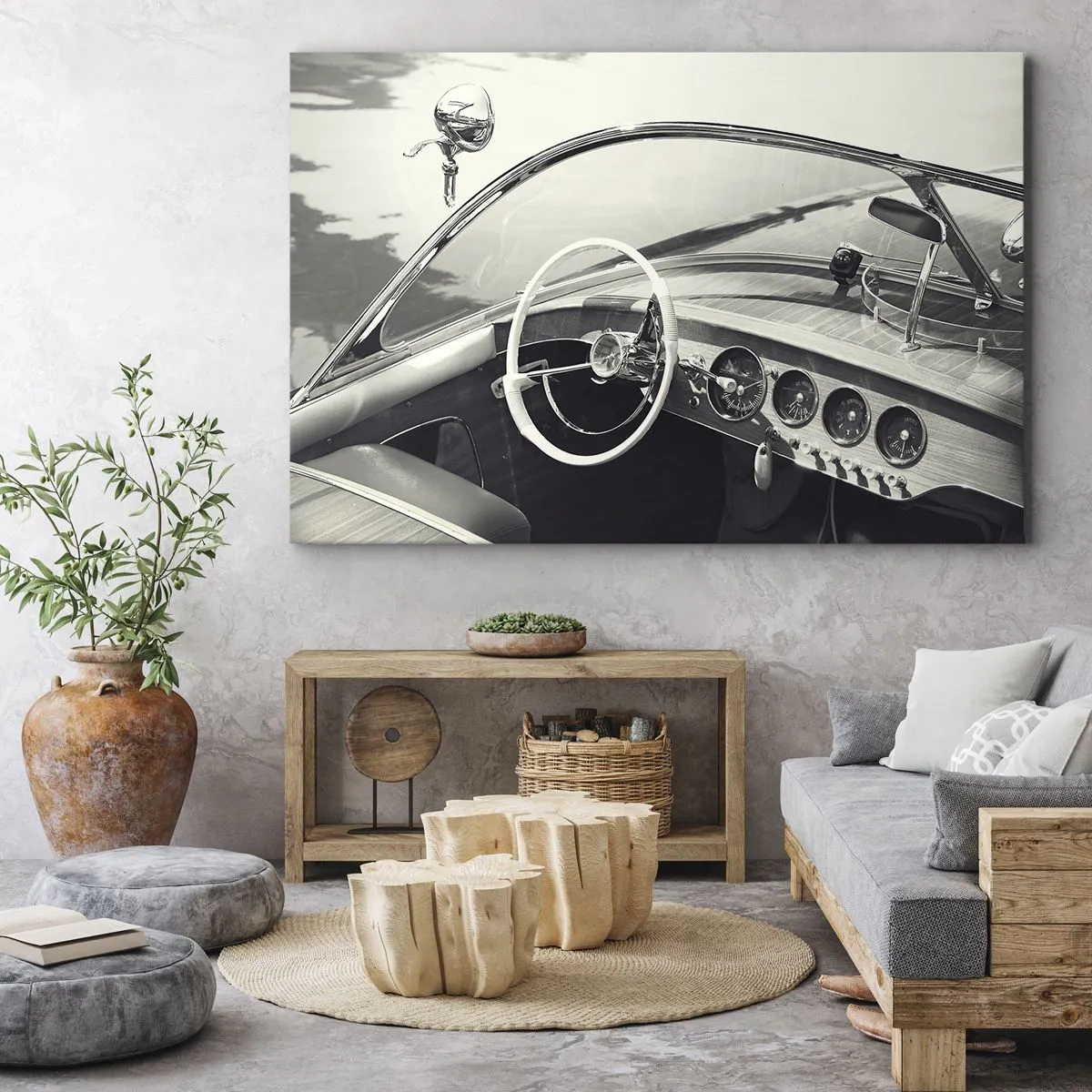 Bild auf Leinwand - Leinwandbild - Oldtimer-Innenraum im monochromen Stil - 70x50cm - Wetter für die Reichen - Moderne Wanddekoration für Wohnzimmer und Schlafzimmer ARTTOR