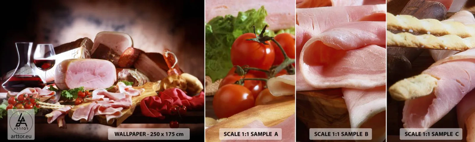 Fototapetenmuster Standard Eco - Ein kulinarischer Traum mit einer Karaffe - Gastronomie, Fleisch, Tomaten - 100x30 cm