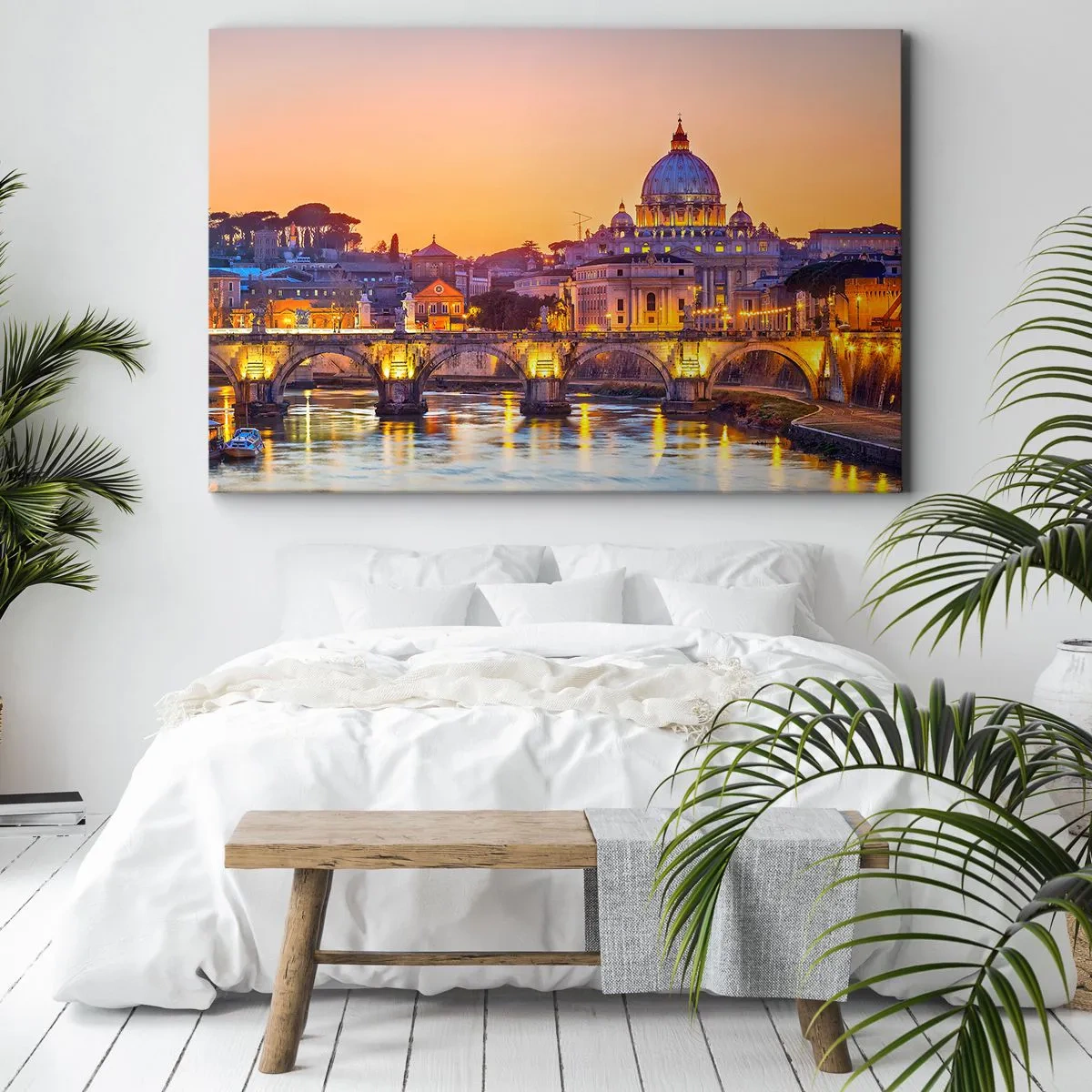 Bild auf Leinwand - Leinwandbild - Panorama des Vatikans bei Sonnenuntergang mit einer Brücke über den Fluss - 70x50cm - Sonnenuntergang über der ewigen Stadt - Moderne Wanddekoration für Wohnzimmer und Schlafzimmer ARTTOR