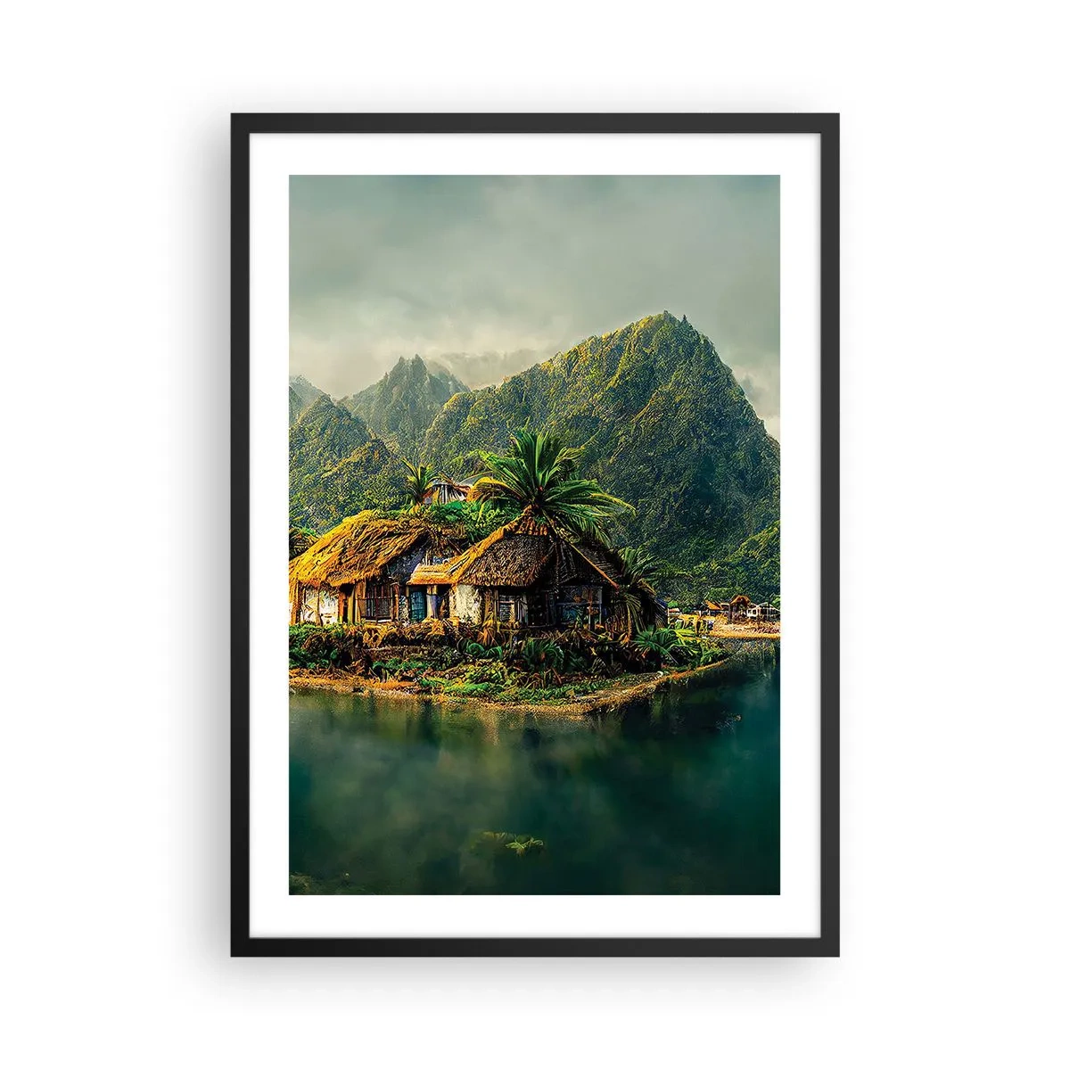 Poster in einem schwarzem Rahmen - Tropisches Ferienhaus mit Bergen und einem See im Hintergrund - 50x70cm - Tropisches Paradies - Moderne Wanddekoration für Wohnzimmer und Schlafzimmer ARTTOR