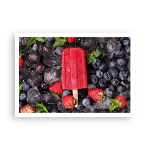 Poster - Rotes Eis am Stiel, umgeben von Früchten und Eis - 100x70cm - So schmeckt der heiße Sommer - Moderne Wanddekoration für Wohnzimmer und Schlafzimmer ARTTOR