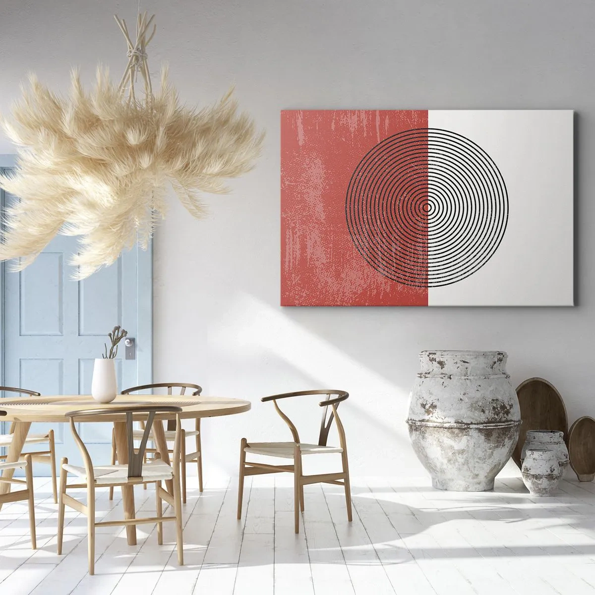 Bild auf Leinwand - Leinwandbild - Geometrisches Muster mit konzentrischen Kreisen auf rot-weißem Hintergrund - 100x70cm - Auf den Punkt gebracht - Moderne Wanddekoration für Wohnzimmer und Schlafzimmer ARTTOR