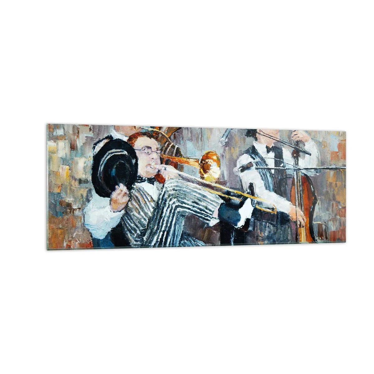 Glasbild - Bild auf glas - Jazzmusiker im malerischen Stil während eines Konzerts - 140x50cm - Der ganze Jazz - Moderne Wanddekoration für Wohnzimmer und Schlafzimmer ARTTOR