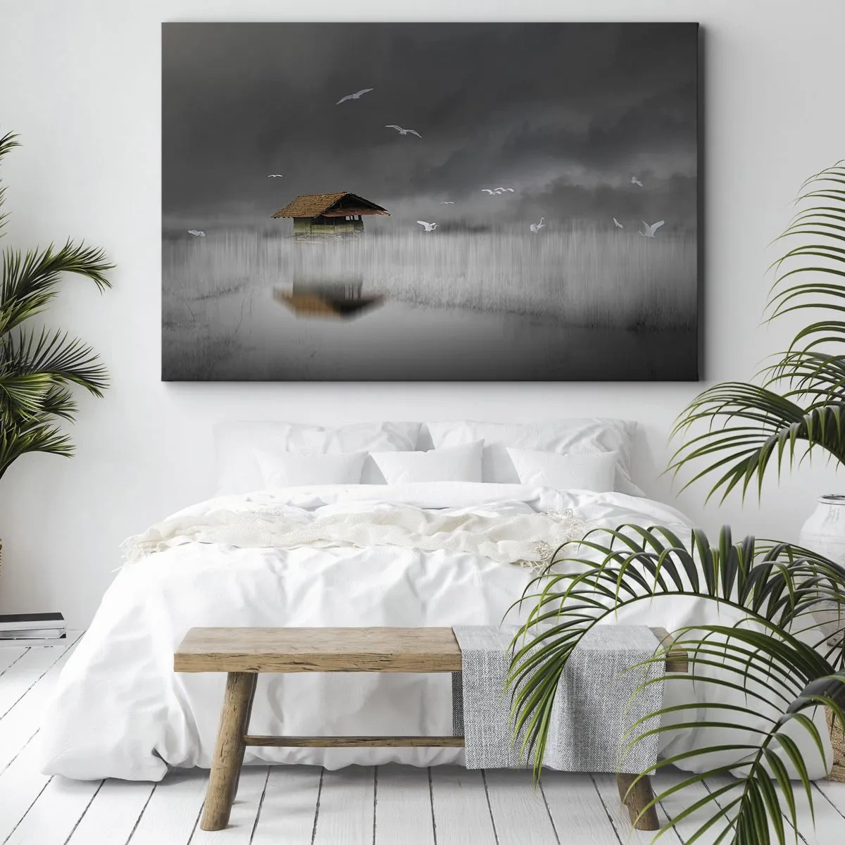 Bild auf Leinwand - Leinwandbild - Ein einsames Häuschen am Wasser, umgeben von Nebel und Vögeln - 70x50cm - Schutz vor Regen - Moderne Wanddekoration für Wohnzimmer und Schlafzimmer ARTTOR