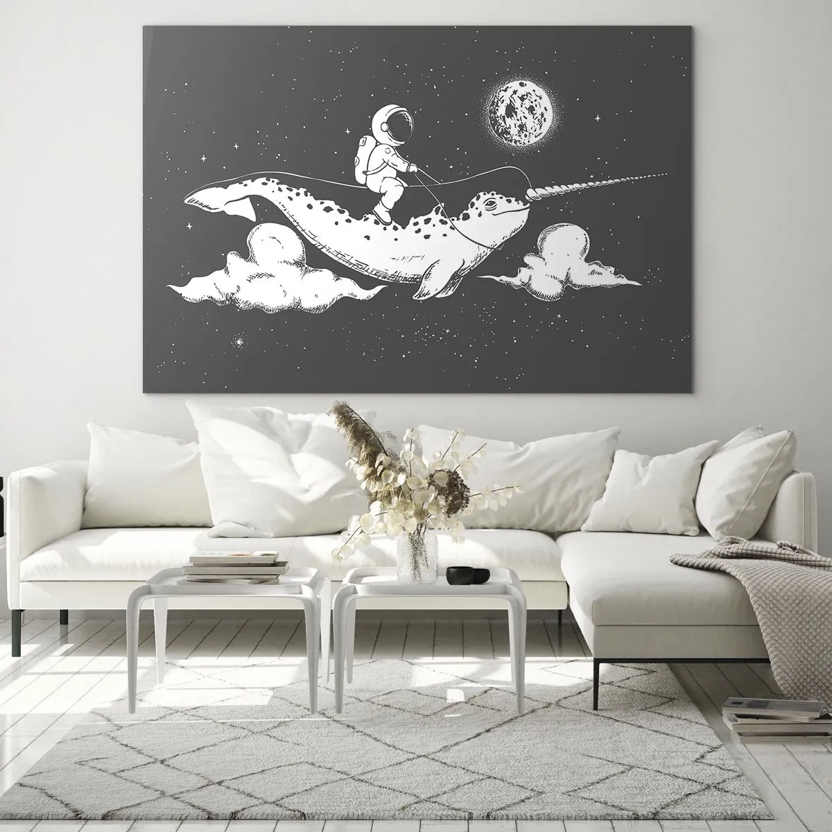 Glasbild - Bild auf glas - Astronaut reitet auf einem Narwal in einer Weltraumkulisse - 70x50cm - Weltraumreiter - Moderne Wanddekoration für Wohnzimmer und Schlafzimmer ARTTOR