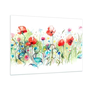 Glasbild - Bild auf glas - Bunte Mohnblumen und Wildblumen im Aquarellstil - 100x70cm - Blühende Maiwiese - Moderne Wanddekoration für Wohnzimmer und Schlafzimmer ARTTOR