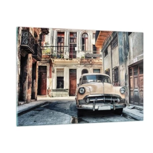 Glasbild - Bild auf glas - Retro-Auto auf der Straße der Altstadt - 120x80cm - Die Siesta in Havanna - Moderne Wanddekoration für Wohnzimmer und Schlafzimmer ARTTOR